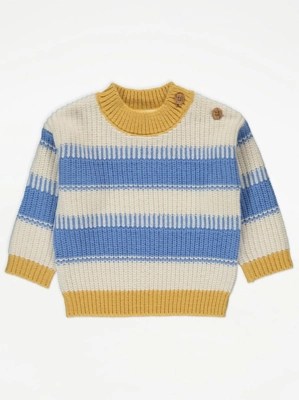 Cream and Blue Chunky Stripe Knit Jumper Baby at ASDA