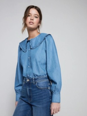 Blue Frilly Collar Denim Blouse Women at ASDA