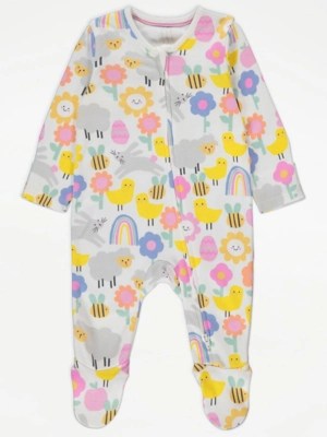 White Fun Print 2 Way Zip Fasten Sleepsuit Baby at ASDA