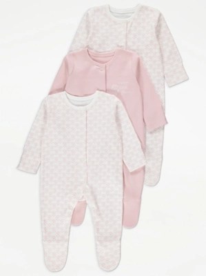 Pink Flower Sleepsuits 3 Pack Baby at ASDA