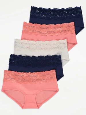 Lace Top Short Knickers 5 Pack Lingerie at ASDA