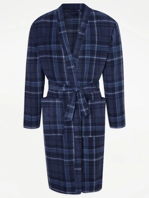 Navy Checked Fleece Dressing Gown Men at ASDA