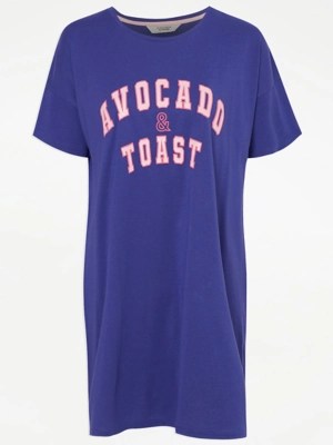 Blue Avocado & Toast Slogan Nightdress Lingerie at ASDA