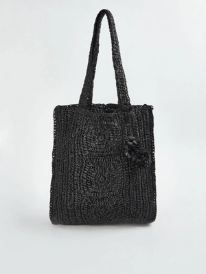 Black Pom Pom Crochet Straw Bag Women at ASDA