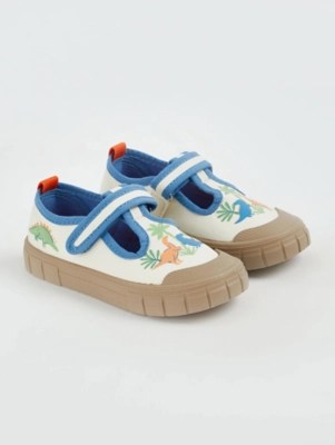 Cream Dinosaur TBar Canvas Shoes Kids at ASDA