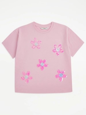 Pink Flip Sequin Flower TShirt Kids at ASDA