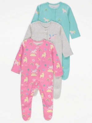 Unicorn Rainbow Sleepsuits 3 Pack Baby at ASDA