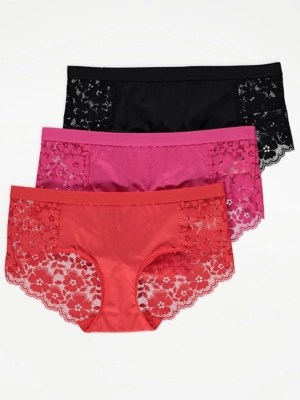 Lace Back Short Knickers 3 Pack Lingerie at ASDA