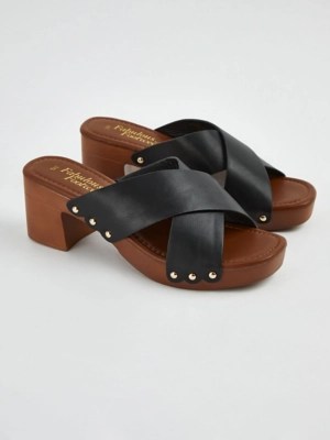Black Cross Strap Clog Heel Sandals Women at ASDA