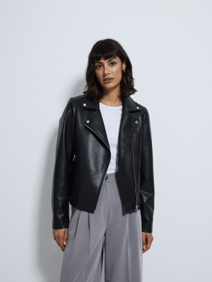 Black Faux Leather Biker Jacket Women at ASDA