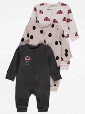 Spotty Ladybird 2 Way Zip Footless Sleepsuits 3 Pack Baby at