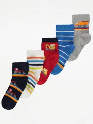 Striped Vehicle Cotton Rich Ankle Socks 5 Pack Baby at ASDA