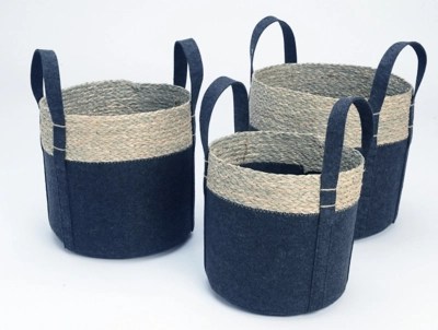3 Set of Black Seagrass and Felt Storage Baskets Home at ASDA