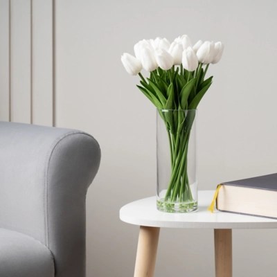 33cm White Tulips in Glass Vase Home at ASDA