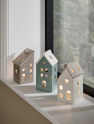 Green & White Speckled House Tealight Holders Set of 3 Home