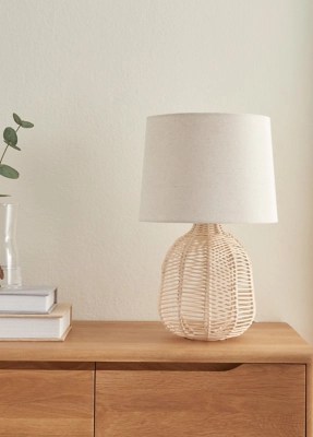 Natural Rattan Table Lamp with Linen Shade Home at ASDA