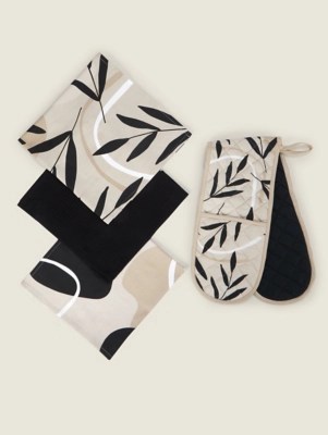Cream & Black Sahara Tea Towels & Oven Glove Set Home at ASDA