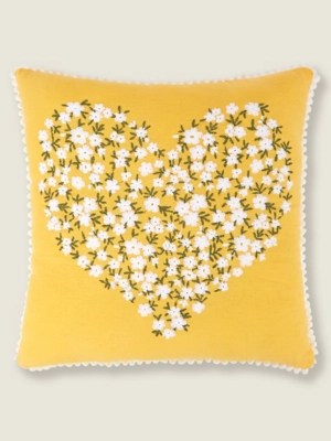 Yellow Embroidered Heart Cushion Home at ASDA