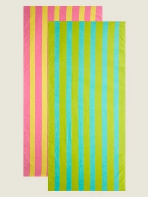 Pink & Green Printed Stripe Beach Towel Set of 2 Home at ASDA