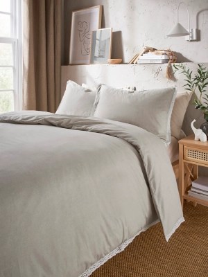 Natural Textured Lace Trim Duvet Set Home at ASDA