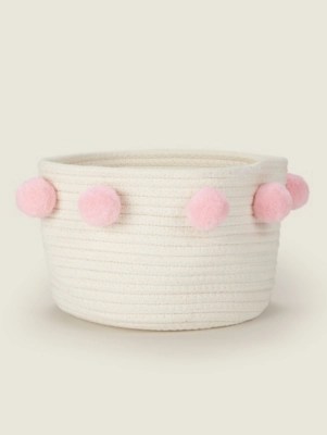 White & Pink Rope Pom Pom Small Storage Basket Home at ASDA