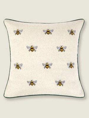 Natural Bee Embroidered Cushion Home at ASDA
