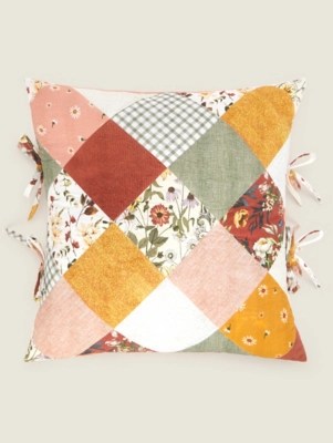 Quilted Patchwork Cushion with Ties Home at ASDA