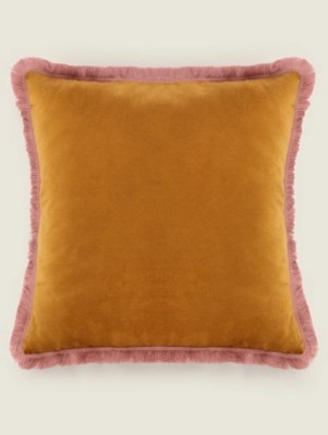 Yellow Square Fringed Velvet Cushion Home at ASDA