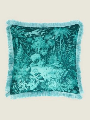 Green Velvet Jungle Palm Cushion with Fringed Edge Home at ASDA