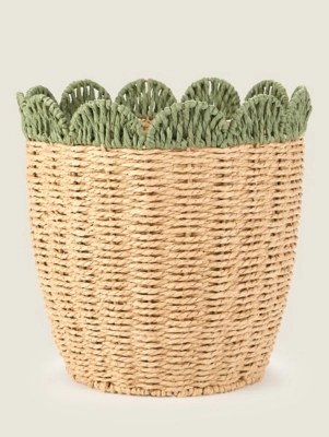 Natural Rattan Basket With Green Scallop Detail Home at ASDA