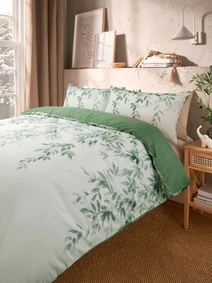 Green & White Trailing Leaf Border Sateen Duvet Set Home at ASDA