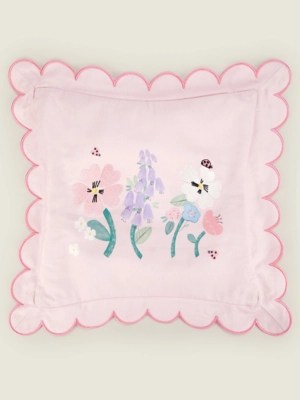 Pink Scalloped Floral Cotton Cushion Home at ASDA