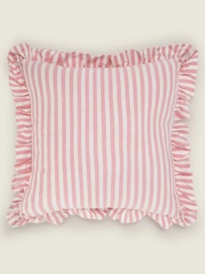 Pink Stripe Ruffle Trim Cushion Home at ASDA