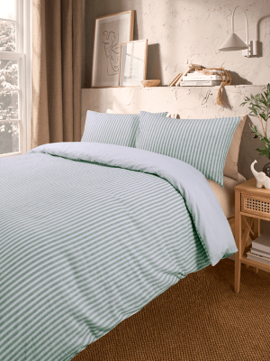 Green & White Textured Stripe Seersucker Duvet Set Home at ASDA