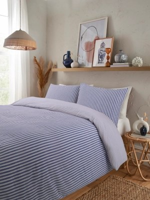 Blue & White Textured Stripe Seersucker Duvet Set Home at ASDA