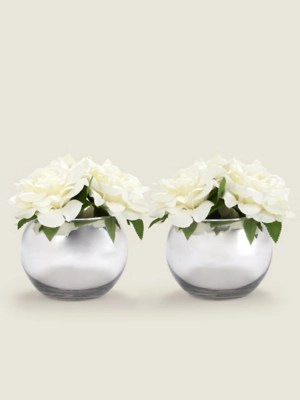 Rose Arrangement In SilverTone Chrome Vase Set of 2 at ASDA
