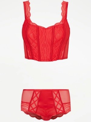 Entice Red Satin Lace Bustier Bra and Short Knickers Set at ASDA