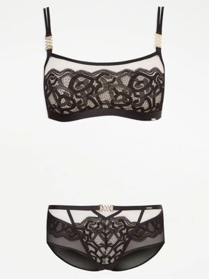 Entice Black Sheer Lace Bralette and High Leg Knickers Set at ASDA