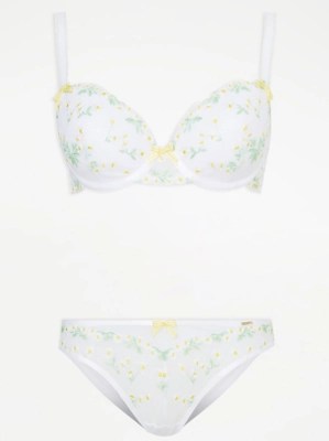 Entice White Daisy TShirt Bra and Brazilian Knickers Set at ASDA
