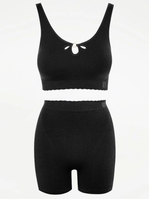 G21 Black Ribbed Cut Out Crop Top and Cycling Shorts Set at ASDA