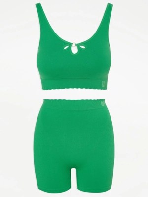 G21 Green Ribbed Cut Out Crop Top and Cycling Shorts Set at ASDA