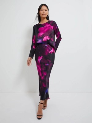 Floral Satin Long Sleeve Blouse and Midi Skirt Coord at ASDA