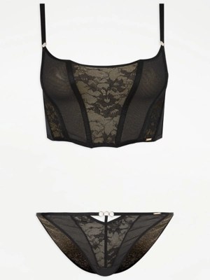 Entice Black Sparkle Lace Corset and Tanga Knickers Set at ASDA