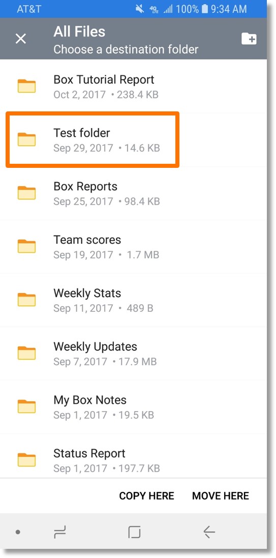 Move a file or folder into another folder with Box from AT&T for Android Asecare