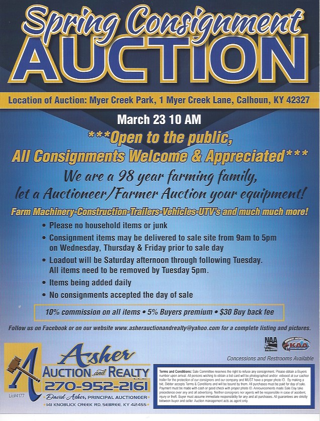 Farm Consignment Auction March 23rd 10am . Myer Creek Park, Calhoun