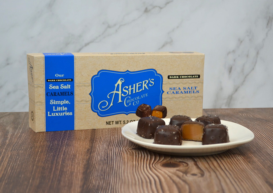 Dark Chocolate Sea Salt Caramels Box Asher's Chocolate Co.