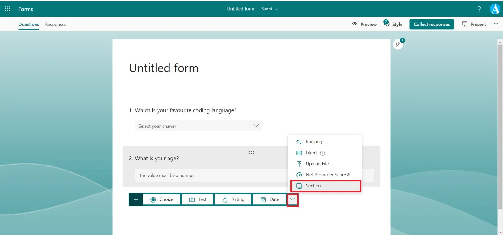 Sections in Microsoft Forms