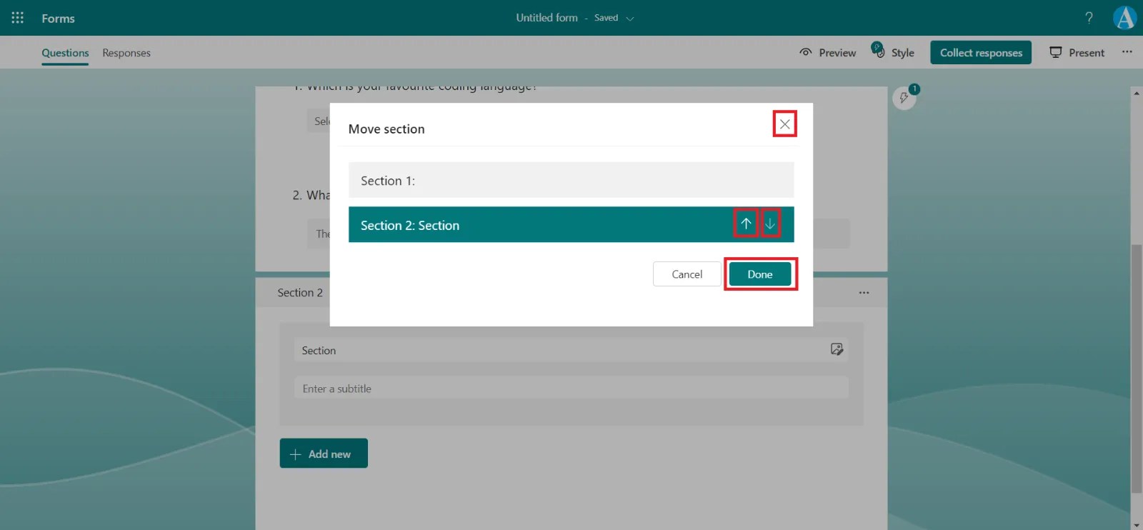 Sections in Microsoft Forms