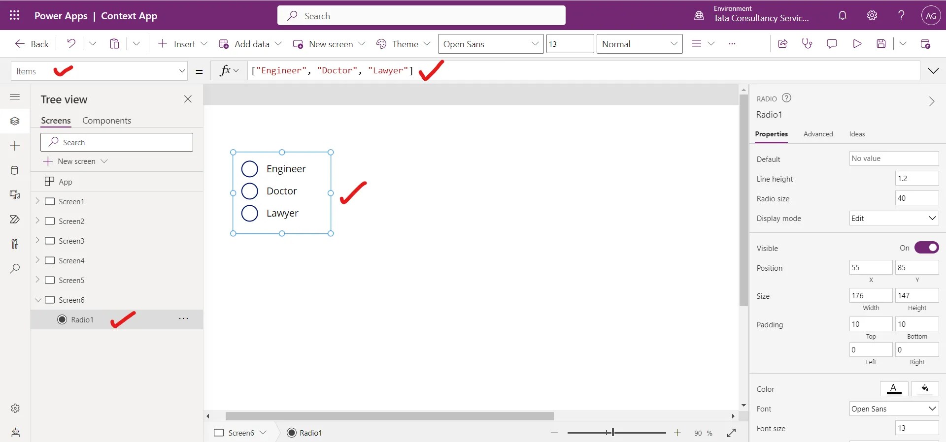 Radio button, Checkbox and Toggle Powerapps control