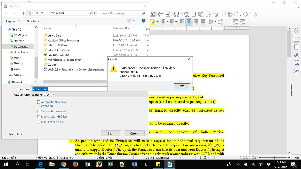 could not save file. Message "File not found. Check the file name and try again." English